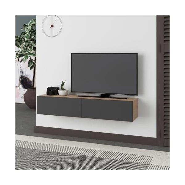 Meuble TV suspendu 135 cm en bois avec portes à rabat couleur chêne et anthracite - Francy