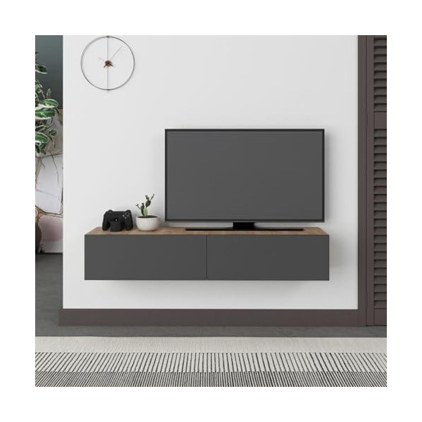 Meuble TV suspendu 135 cm en bois avec portes à rabat couleur chêne et anthracite - Francy