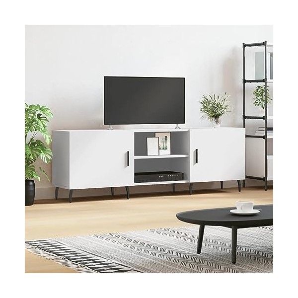 Hovothy Meuble TV Blanc 150x30x50 cm Bois dingénierie Meuble de Salon Pieds en Fer Style Calme Décoration Intérieur Unité Mu