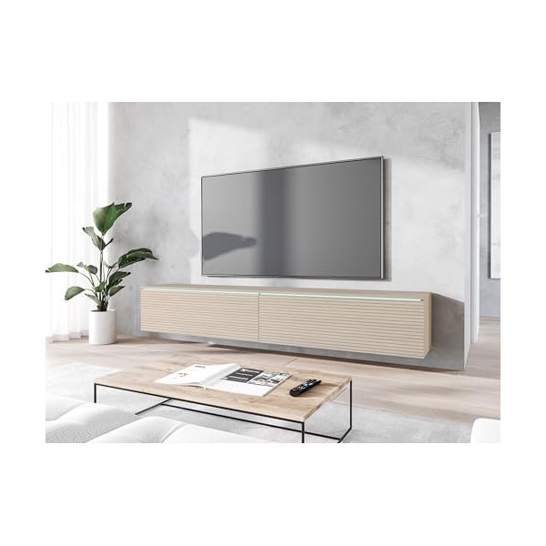 Meuble TV Donna, Largeur 180 cm, Lowboard TV, Debout ou Suspendu, Meuble Salon, Panneaux de Particules stratifiés, Style Mode