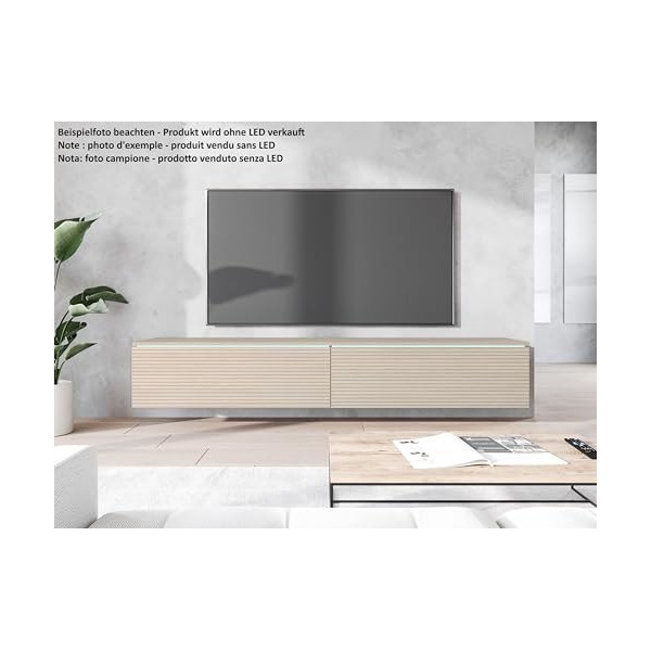 Meuble TV Donna, Largeur 180 cm, Lowboard TV, Debout ou Suspendu, Meuble Salon, Panneaux de Particules stratifiés, Style Mode