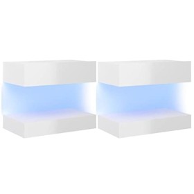 homiuse Meubles TV avec Lumières LED 2 Pcs Blanc Brillant 60x35 cm Meuble HiFi Aspect Moderne Support de TV Table Télévision 