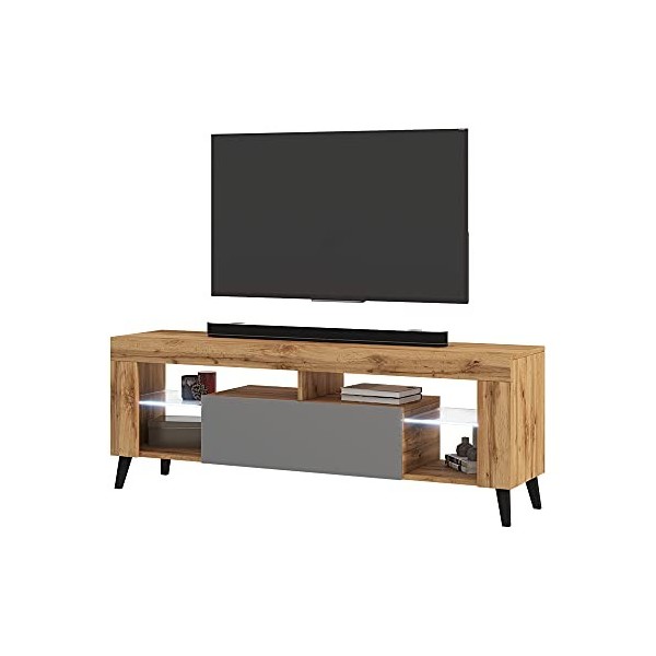 Selsey HugoB - Meuble TV - 140 cm, Chêne Lancaster/Gris Brillant, LED à Piles - Style Moderne