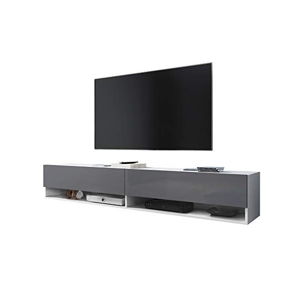 Selsey Wander - Meuble TV Suspendu/Banc TV Blanc Mat/Gris Brillant, 180 cm sans LED 