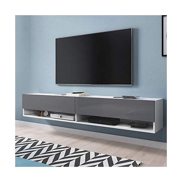 Selsey Wander - Meuble TV Suspendu/Banc TV Blanc Mat/Gris Brillant, 180 cm sans LED 