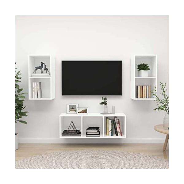 Ensemble de Meuble TV 3 pcs Blanc Aggloméré - Table TV Support de Télévision en Bois pour Salon Chambre Salle à Manger