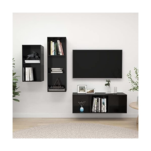 Ensemble de Meuble TV 3 pcs Noir Brillant Aggloméré - Table TV Support de Télévision en Bois pour Salon Chambre Salle à Mange