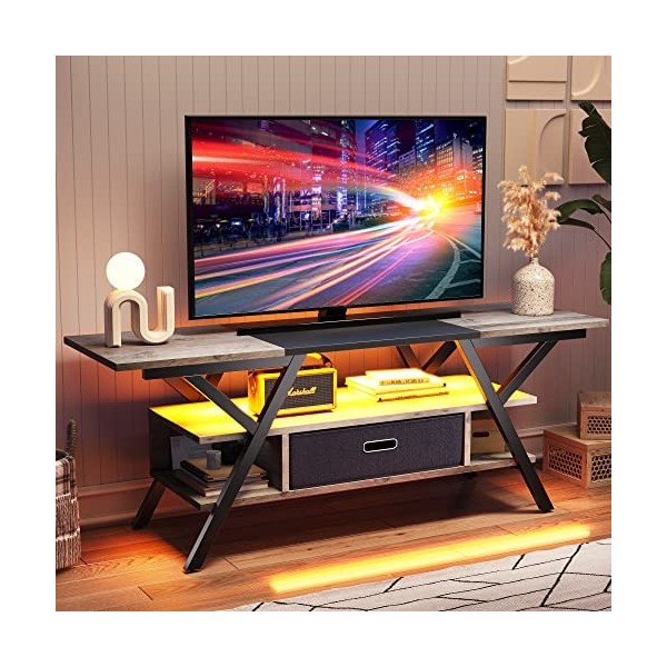 Bestier Meuble TV pour jeux vidéo de 140 cm avec lumière LED - Meuble TV industriel avec tiroir en tissu