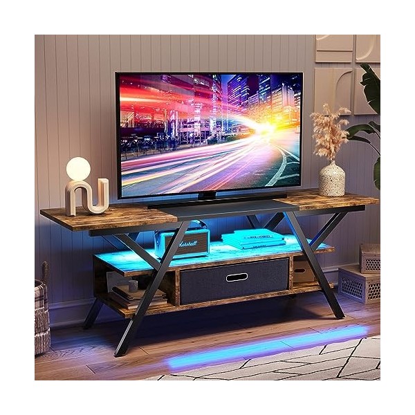 Bestier Meuble TV pour jeux vidéo de 140 cm avec lumière LED - Meuble TV industriel avec tiroir en tissu