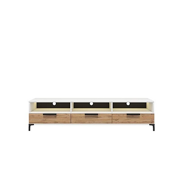 Selsey Rikke - Meuble TV/Banc TV - Blanc Mat/chêne wotan, 160 cm, LED à Piles