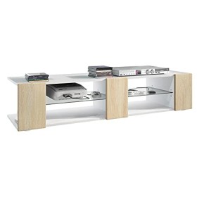 Vladon Buffet Bas Movie V2, Meuble TV avec 6 Compartiments Ouverts et placages décoratifs, Blanc Mat/Chêne Brut 134 x 29 x 3