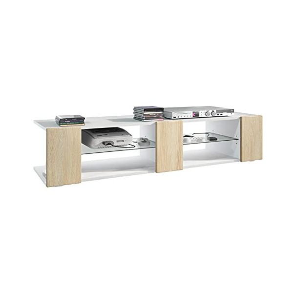 Vladon Buffet Bas Movie V2, Meuble TV avec 6 Compartiments Ouverts et placages décoratifs, Blanc Mat/Chêne Brut 134 x 29 x 3