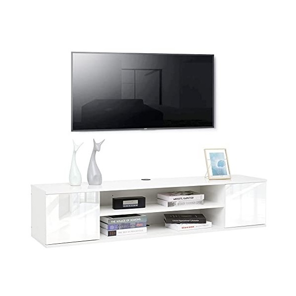 Meerviel - Meuble TV Suspendu - Meuble Télé avec 2 Etagères et 2 Portes Bois avec Rangement pour Salon Chambre, 140 x 32 x 30