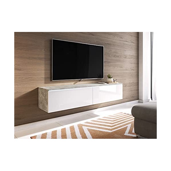 Meuble TV LOWBOARD D 140 cm, meuble TV suspendu, blanc, béton, meuble de salon moderne béton / blanc brillant 