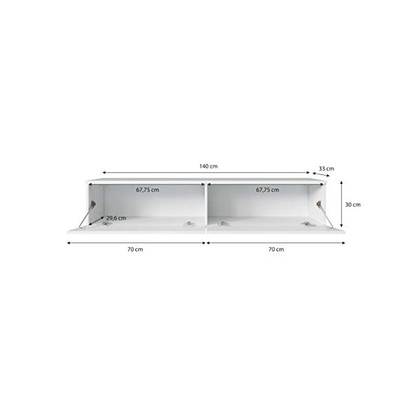 Meuble TV LOWBOARD D 140 cm, meuble TV suspendu, blanc, béton, meuble de salon moderne béton / blanc brillant 