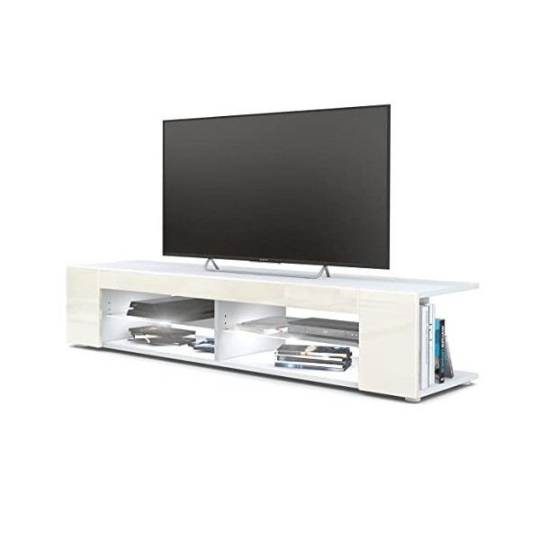 Vladon Buffet Bas Movie, Meuble TV avec 4 Compartiments Ouverts et placages décoratifs, Blanc Mat/Mûre Haute Brillance 134 x