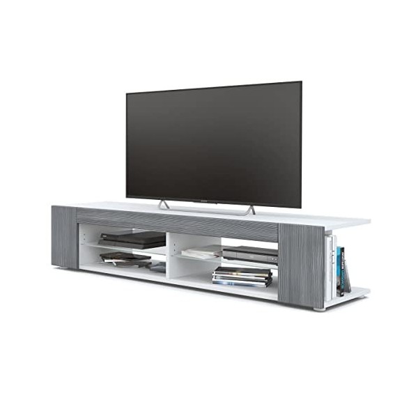 Vladon Buffet Bas Movie, Meuble TV avec 4 Compartiments Ouverts et placages décoratifs, Blanc Mat/Mûre Haute Brillance 134 x