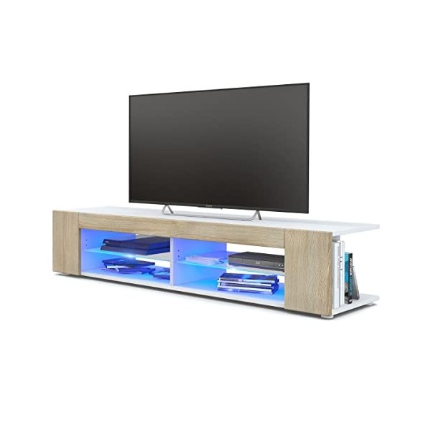 Vladon Buffet Bas Movie, Meuble TV avec 4 Compartiments Ouverts et placages décoratifs, Blanc Mat/Mûre Haute Brillance 134 x