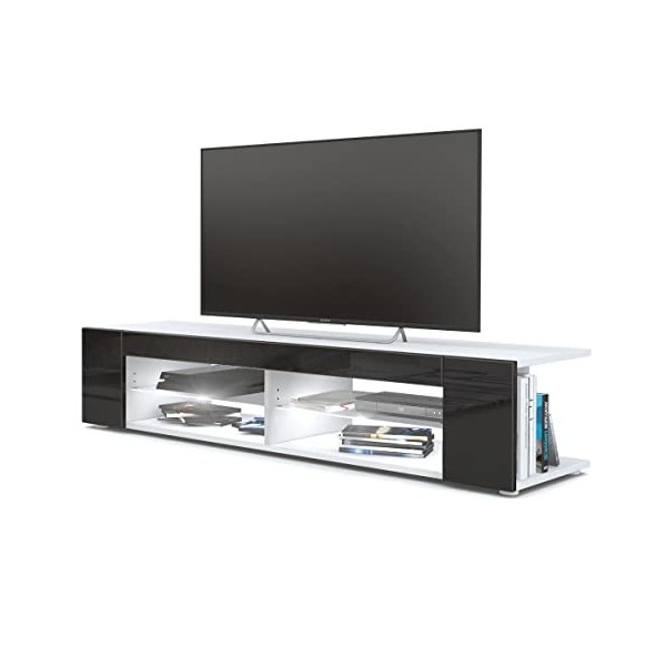 Vladon Buffet Bas Movie, Meuble TV avec 4 Compartiments Ouverts et placages décoratifs, Blanc Mat/Mûre Haute Brillance 134 x