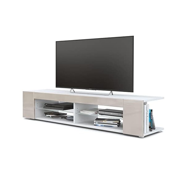 Vladon Buffet Bas Movie, Meuble TV avec 4 Compartiments Ouverts et placages décoratifs, Blanc Mat/Mûre Haute Brillance 134 x