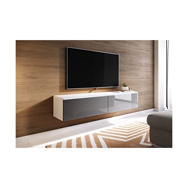 Meuble TV Lowboard D 140/180 cm, meuble TV, meuble TV flottant, blanc gris, éclairage LED en option sans éclairage LED, 140 