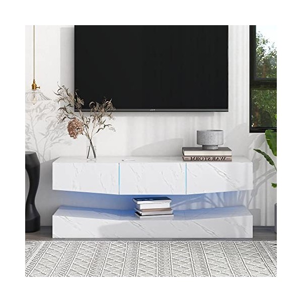 Yiiannda Meuble TV LED moderne avec lumières LED, meuble TV avec étagères ouvertes, meuble TV LED pour TV jusquà 140 cm, con