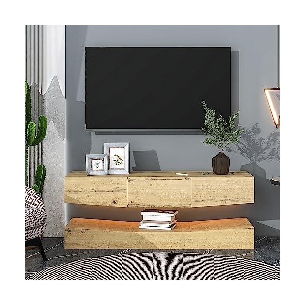 Yiiannda Meuble TV LED moderne avec lumières LED, meuble TV avec étagères ouvertes, meuble TV LED pour TV jusquà 140 cm, con