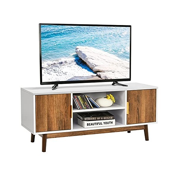 COSTWAY Meuble TV 2 Portes, Banc TV avec Étagère Ouverte et 2 Trous de Gestion des Câbles, Pieds en Bois Massif pour TV jusqu