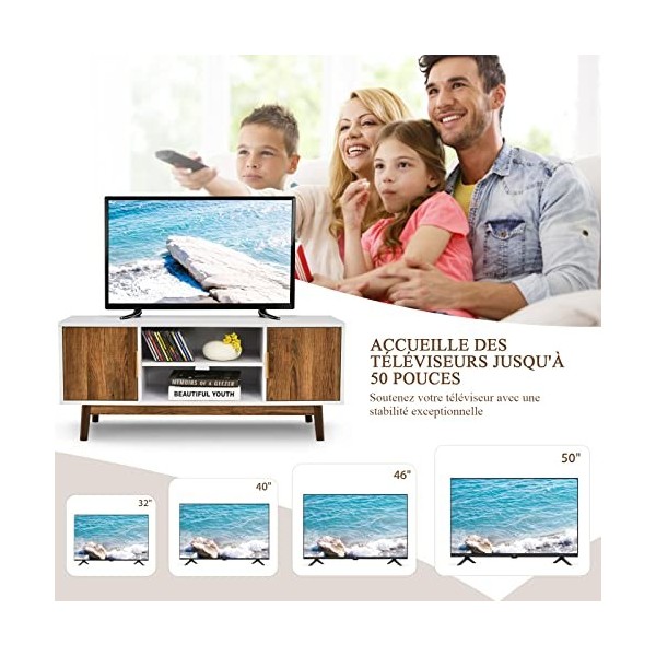 COSTWAY Meuble TV 2 Portes, Banc TV avec Étagère Ouverte et 2 Trous de Gestion des Câbles, Pieds en Bois Massif pour TV jusqu