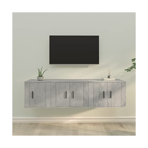 JUNZAI Ensemble de Meubles TV 3 pcs Gris béton Bois dingénierie,Meuble TV,Table Basse Salon Meuble TV,Table Basse LED Couleu