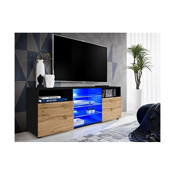 Komodee, Meuble Banc TV Urbino, Noir/Wotan, Largeur 140cm x Hauteur 53cm x Profondeur 35cm, sans LED, pour Salon, Chambre