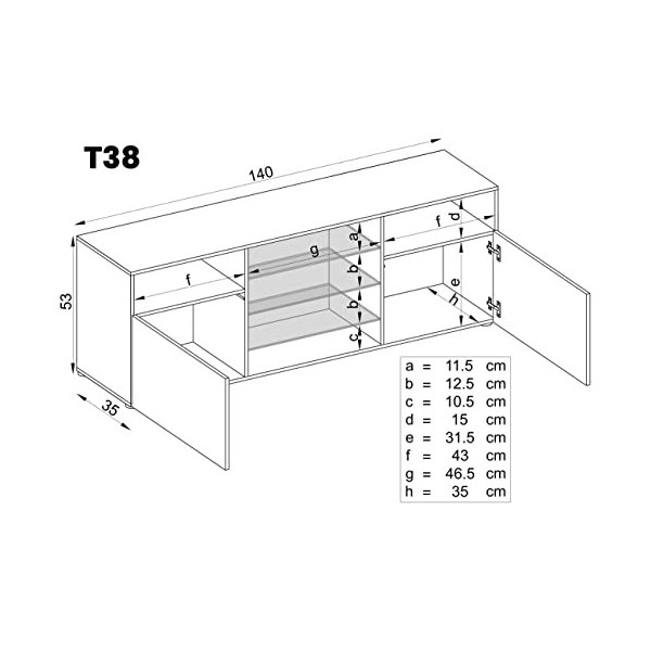 Komodee, Meuble Banc TV Urbino, Noir/Wotan, Largeur 140cm x Hauteur 53cm x Profondeur 35cm, sans LED, pour Salon, Chambre