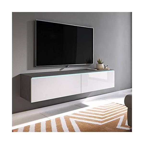 Mobilier-Deco Mara - Meuble TV Contemporain Gris et Blanc avec LED 2 Portes Mara - 140 cm