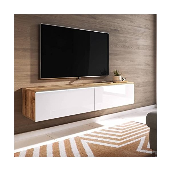 Mobilier-Deco Mara - Meuble TV Contemporain Gris et Blanc avec LED 2 Portes Mara - 140 cm
