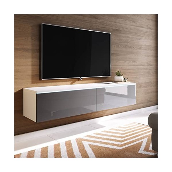 Mobilier-Deco Mara - Meuble TV Contemporain Gris et Blanc avec LED 2 Portes Mara - 140 cm