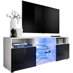 ExtremeFurniture T38 Meuble TV, Carcasse en Blanc Mat/Façade en Noir Brillant sans LED