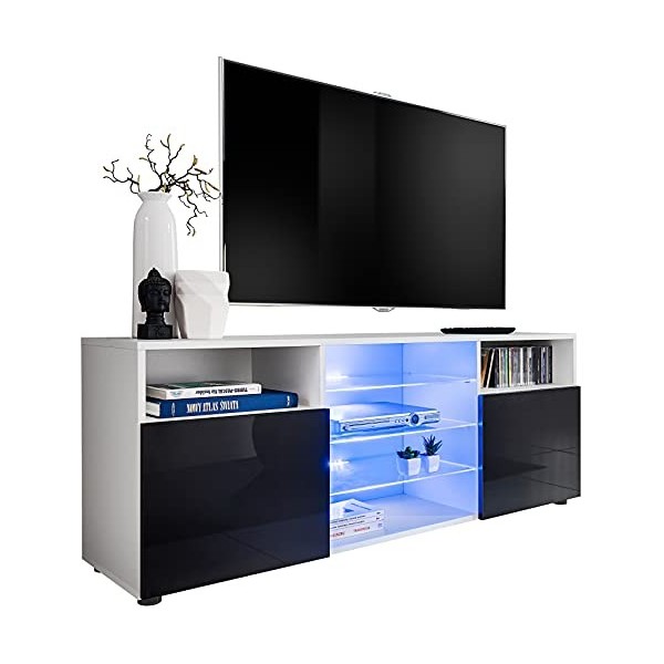 ExtremeFurniture T38 Meuble TV, Carcasse en Blanc Mat/Façade en Noir Brillant sans LED