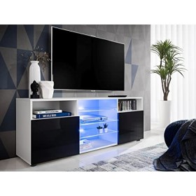 ExtremeFurniture T38 Meuble TV, Carcasse en Blanc Mat/Façade en Noir Brillant sans LED