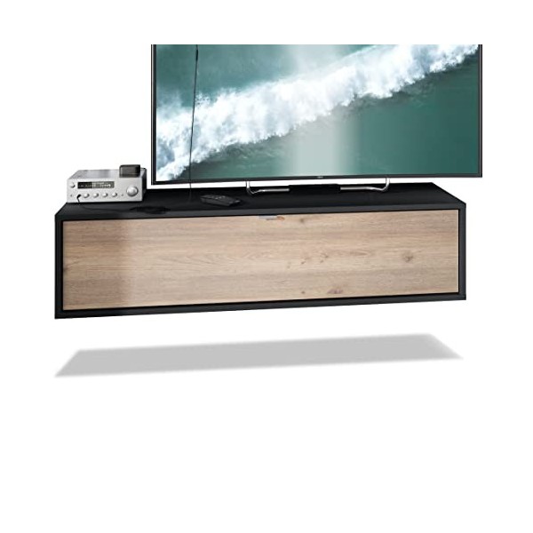 Vladon Meuble TV Lana 120 Armoire Murale lowboard 120 x 29 x 37 cm, Caisson en Noir Mat, façades en chêne Nordique | Grand Ch