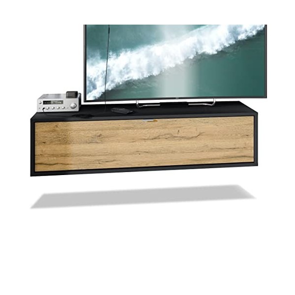 Vladon Meuble TV Lana 120 Armoire Murale lowboard 120 x 29 x 37 cm, Caisson en Noir Mat, façades en chêne Nordique | Grand Ch