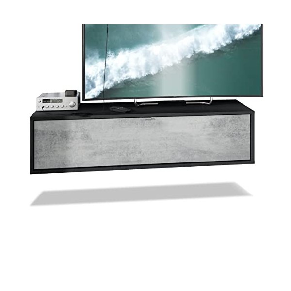 Vladon Meuble TV Lana 120 Armoire Murale lowboard 120 x 29 x 37 cm, Caisson en Noir Mat, façades en chêne Nordique | Grand Ch