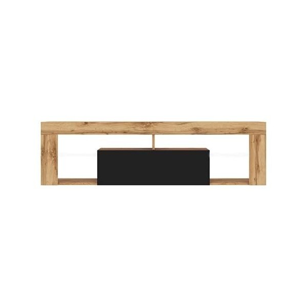 Selsey BIANKO - Meuble TV/Banc TV Suspendu - 140 cm - chêne Lancaster/Noir Brillant - éclairage LED