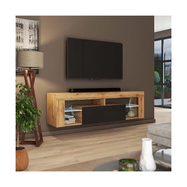 Selsey BIANKO - Meuble TV/Banc TV Suspendu - 140 cm - chêne Lancaster/Noir Brillant - éclairage LED