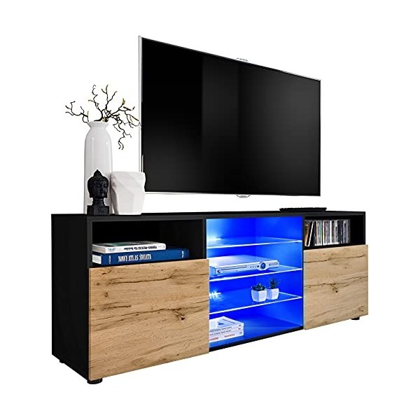 ExtremeFurniture T38 Meuble TV, Carcasse en Noir Mat/Façade en Wotan Mat sans LED