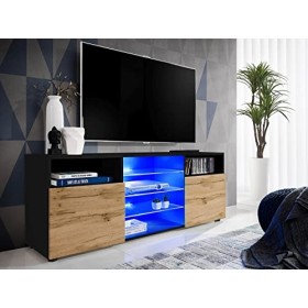 ExtremeFurniture T38 Meuble TV, Carcasse en Noir Mat/Façade en Wotan Mat sans LED