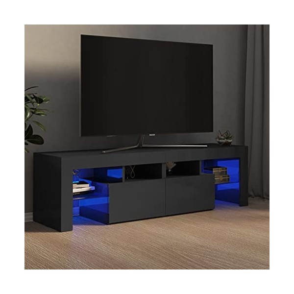 Keyur Meuble TV, Banc TV Buffet Bas Support de Télévision Meuble Télé Meuble TV avec lumières LED Gris Brillant 140x35x40 cm