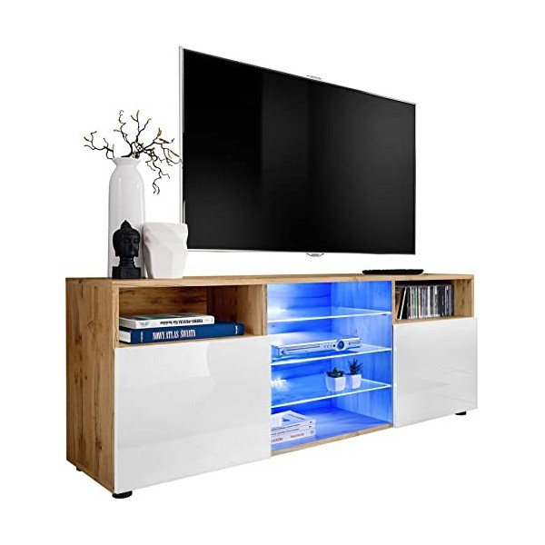 ExtremeFurniture T38 Meuble TV, Carcasse en Wotan Mat/Façade en Blanc Brillant sans LED