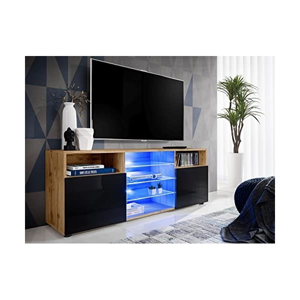 ExtremeFurniture T38 Meuble TV, Carcasse en Wotan Mat/Façade en Noir Brillant sans LED