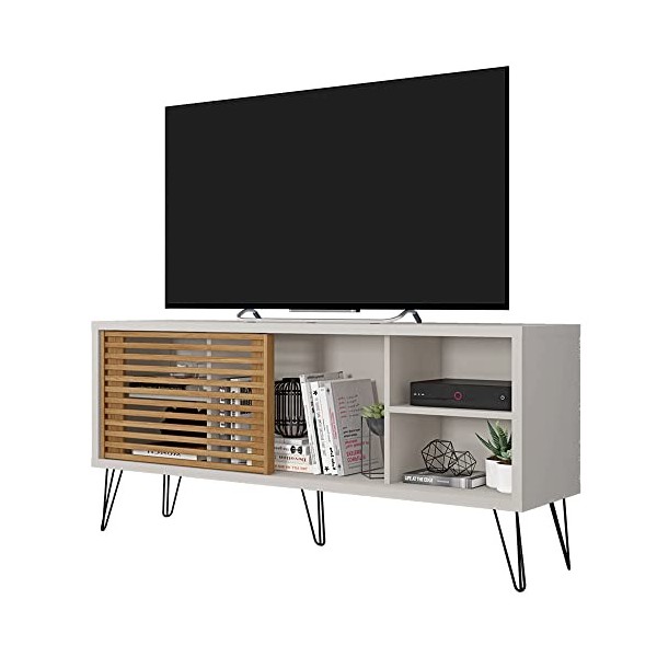 Caemmum Meuble TV 55 Pouces Pieds Métal Blanc Ecru Chêne