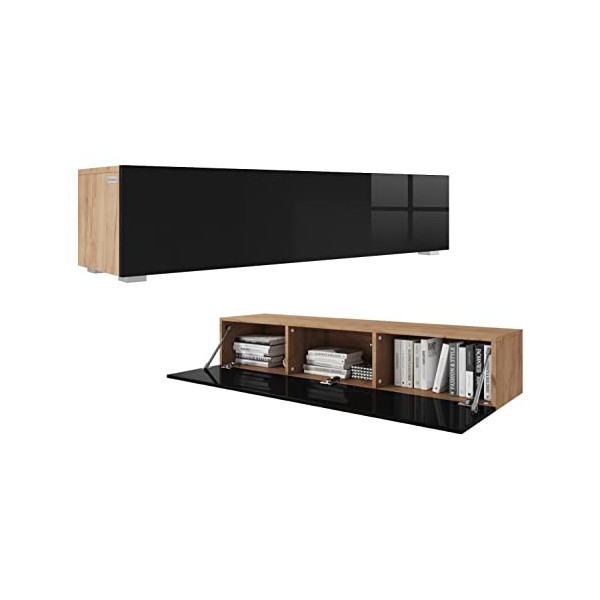 Platan Room - Meuble TV bas - Suspendu ou posé - 105/140/160/210/280 - En blanc 140 x 30 x 32&nbsp;cm, chêne doré/noir brillant 